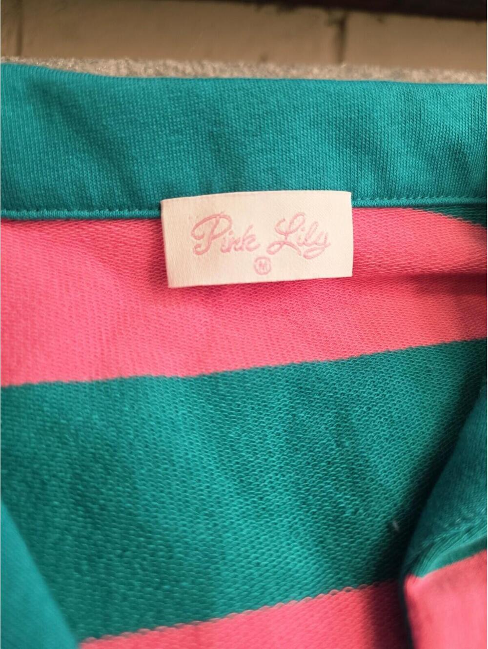 Pink Lily Teal Pink Striped Collared T-Shirt Dress Shift Preppy Knit Mini M - Picture 6 of 8
